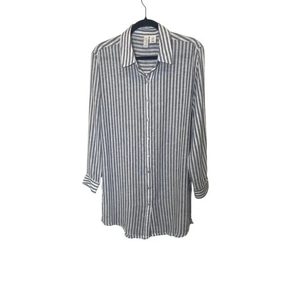 Joie Women's Blue White Striped Linen Blend Tunic Shirt Button Front Chic Office - Picture 1 of 6